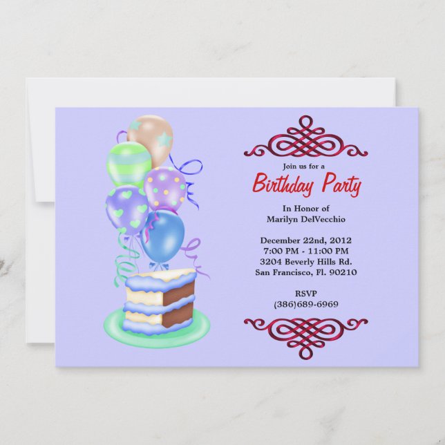 Invitación Dulce pastel de cumpleaños y globos (Anverso)