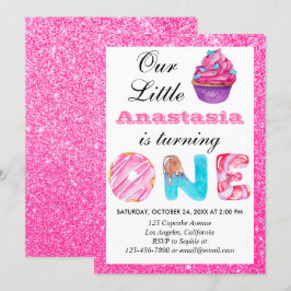 Invitación Dulce pastel de tarta rosada Purpurina primer cump