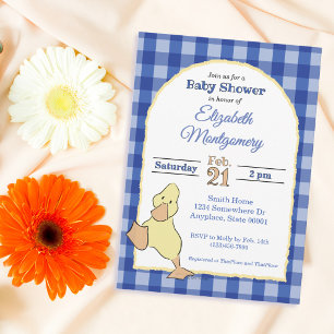 Invitación Dulce Patito de Cuadros Azules Fiesta de Bebé