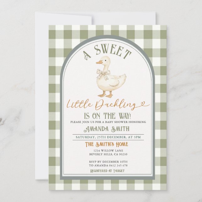 Invitación Dulce Patito Mallard Cuadros Baby Shower (Anverso)