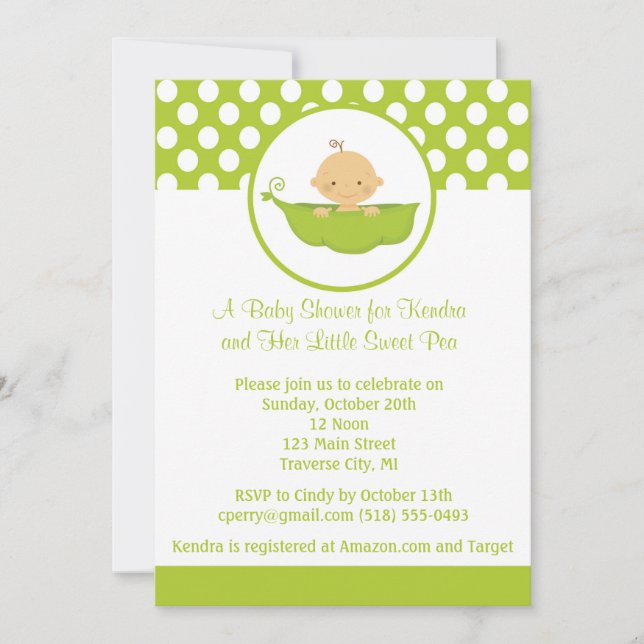 Invitación Dulce Pea Baby Shower - Boy Pea en un bacalao (Anverso)