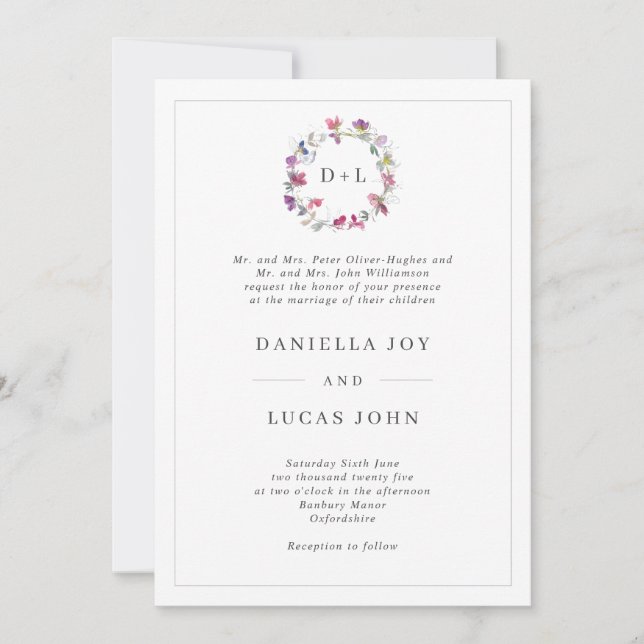 Invitación Dulce Pea Floral Wreath Monograma Boda (Anverso)