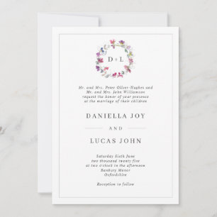 Invitación Dulce Pea Floral Wreath Monograma Boda