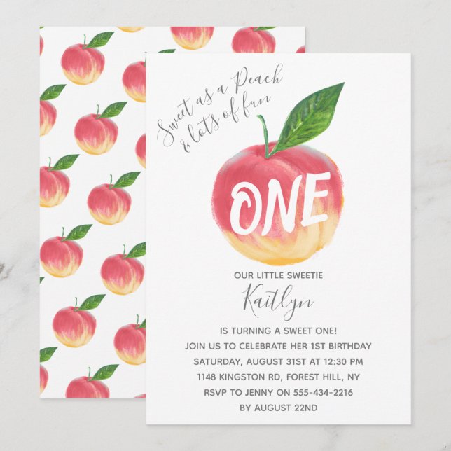 Invitación Dulce Peach First Birthday (Anverso / Reverso)