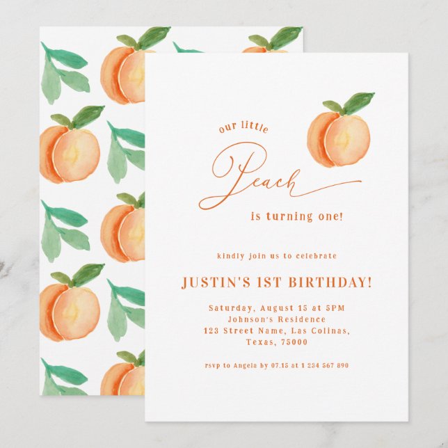 Invitación Dulce Peach Sexo Neutral Primer Cumpleaños (Anverso / Reverso)