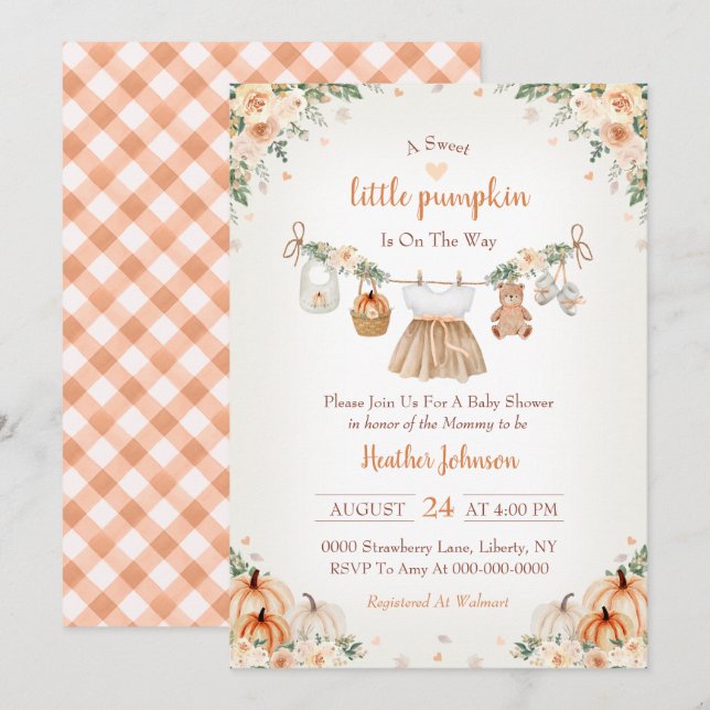 Invitación Dulce Pequeña Calabaza Baby Shower de Otoño (Anverso / Reverso)