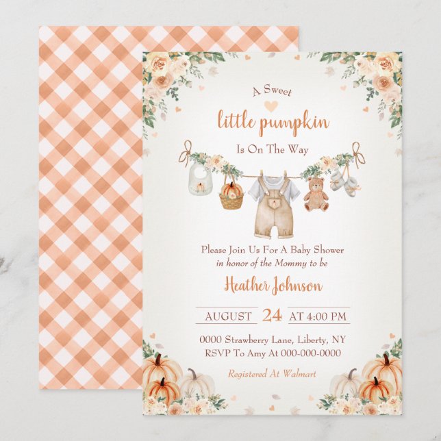 Invitación Dulce Pequeña Calabaza Baby Shower de Otoño (Anverso / Reverso)