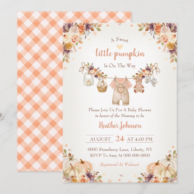 Invitación Dulce Pequeña Calabaza Baby Shower de Otoño (Anverso / Reverso)