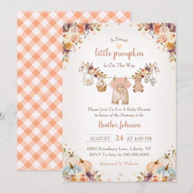 Invitación Dulce Pequeña Calabaza Fiesta de Bebé de Otoño (Anverso / Reverso)