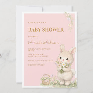 Invitación Dulce Pequeña Fiesta Floral de Bebé de Conejito