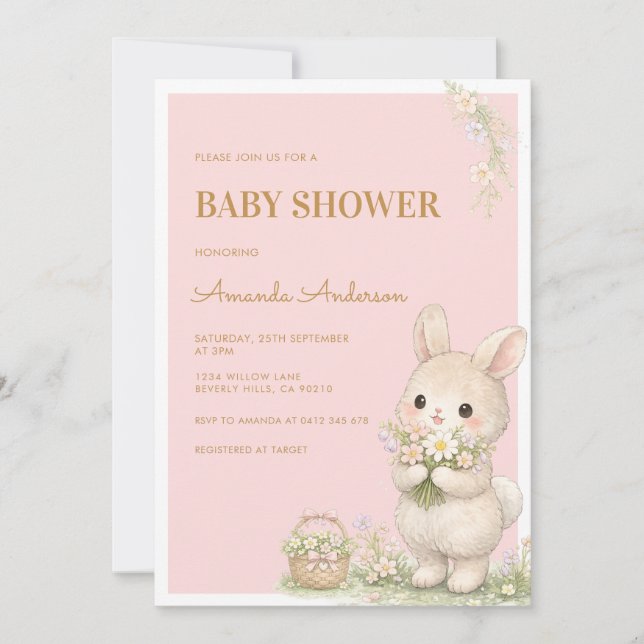 Invitación Dulce Pequeña Fiesta Floral de Bebé de Conejito (Anverso)