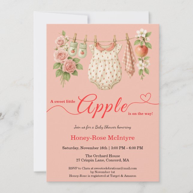 Invitación Dulce Pequeña Manzana Fiesta de Bebé | Otoño Rústi (Anverso)