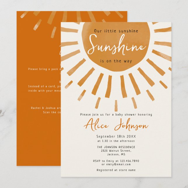 Invitación Dulce pequeña sunshine en una sola Ducha de bebé (Anverso / Reverso)