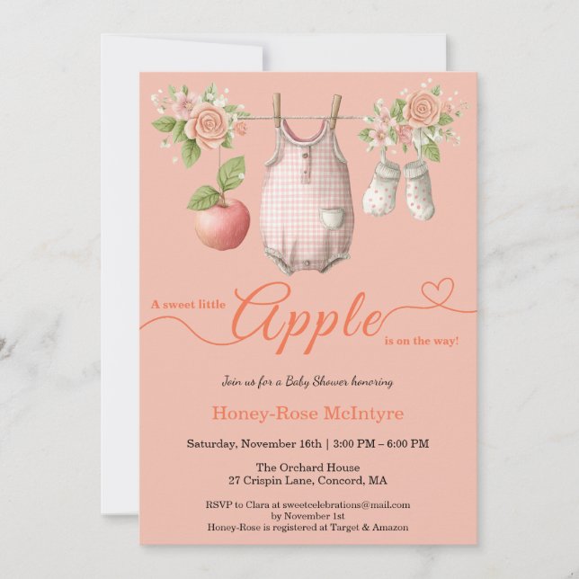 Invitación Dulce pequeño bebé manzana | Otoño rústico bebé  (Anverso)