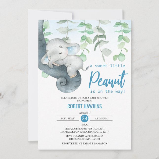Invitación Dulce pequeño cacahuete elefante Baby Shower (Anverso)