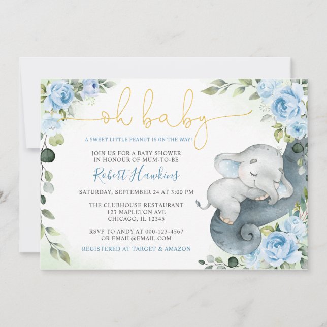 Invitación Dulce pequeño cacahuete elefante Baby Shower (Anverso)