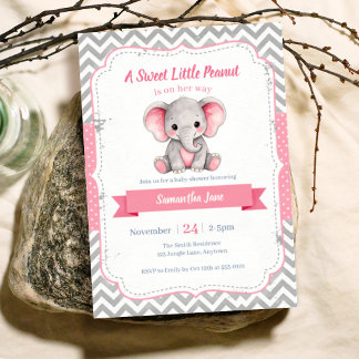 Invitación Dulce pequeño cacahuete elefante rosa Baby Shower