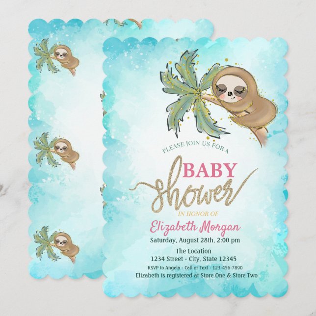 Invitación Dulce perezoso durmiendo Ducha de bebé tropical (Anverso / Reverso)