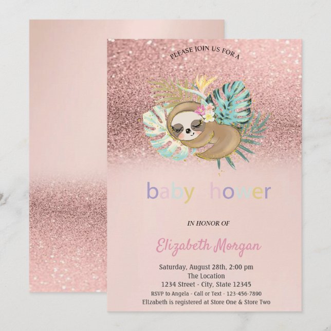 Invitación Dulce perezoso durmiendo rosa dorado bokeh baby sh (Anverso / Reverso)