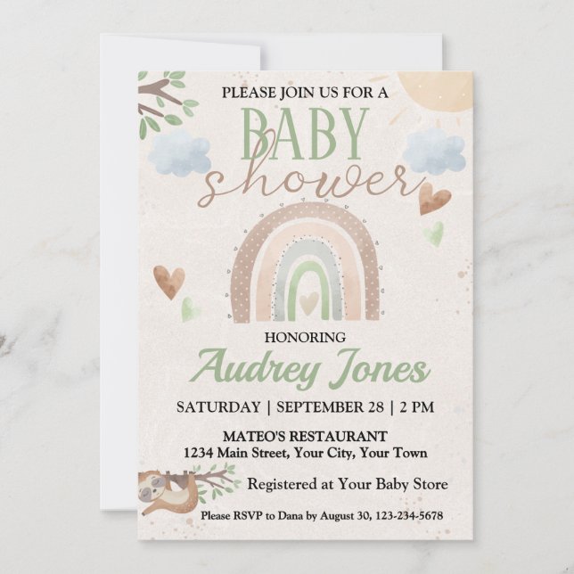Invitación Dulce Perezoso y Fiesta de Bebé Arcoíris Boho (Anverso)