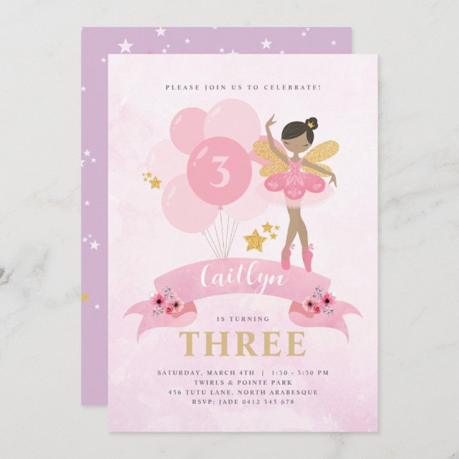 Invitación Dulce Pink & Gold Ballerina Fairy Birday (Anverso / Reverso)