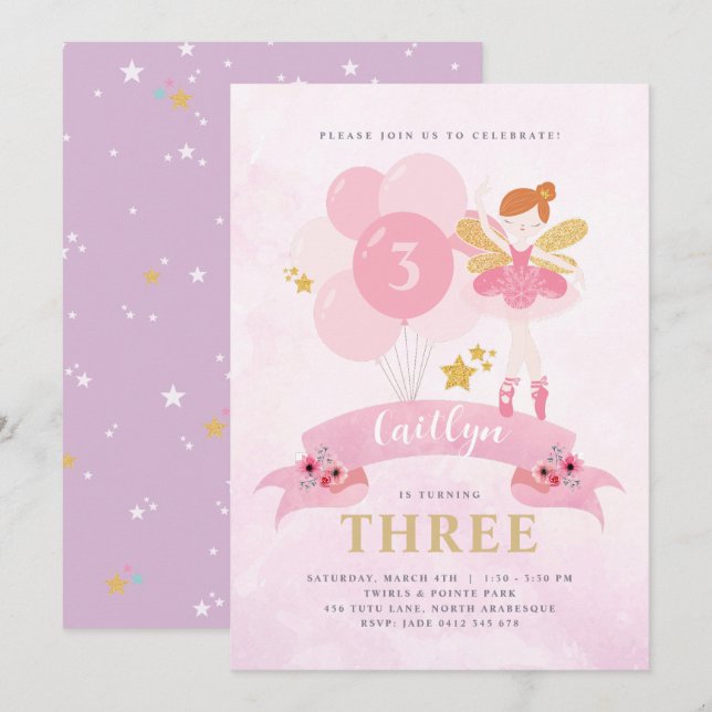Invitación Dulce Pink & Gold Ballerina Fairy Birday (Anverso / Reverso)