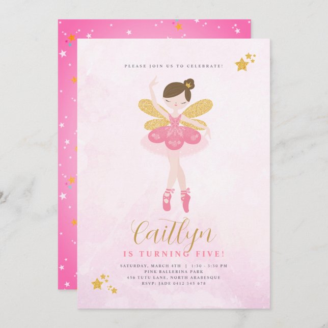 Invitación Dulce Pink & Gold Ballerina Fairy Birday (Anverso / Reverso)