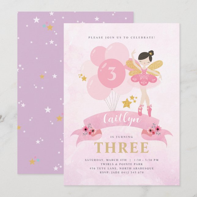 Invitación Dulce Pink & Gold Ballerina Fairy Birday (Anverso / Reverso)