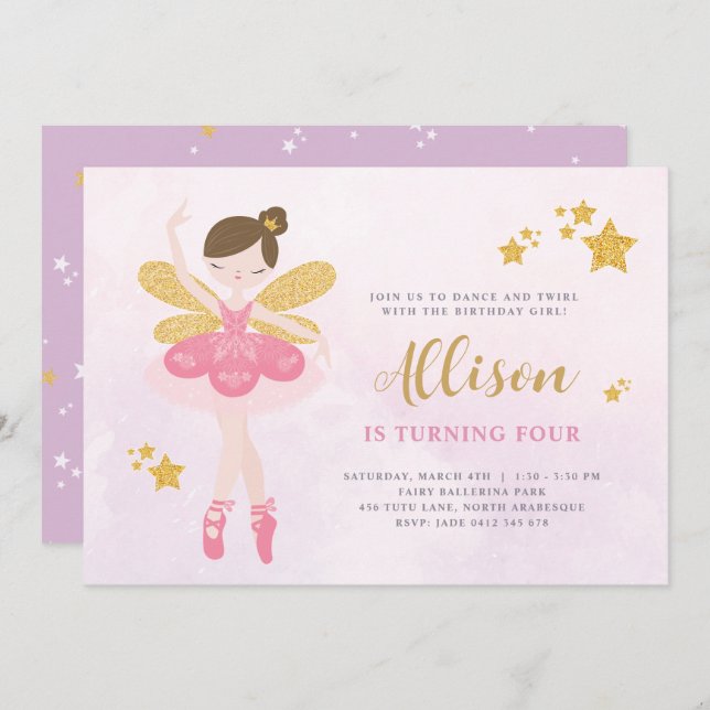 Invitación Dulce Pink & Gold Ballerina Fairy Birday (Anverso / Reverso)
