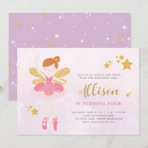 Dulce Pink & Gold Ballerina Fairy Birtday Invitat