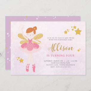 Invitación Dulce Pink & Gold Ballerina Fairy Birtday Invitat