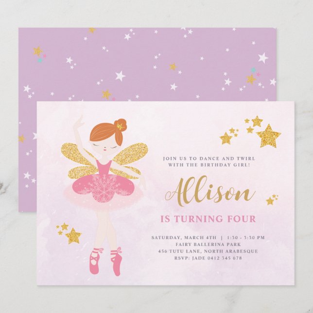 Invitación Dulce Pink & Gold Ballerina Fairy Birtday Invitat (Anverso / Reverso)
