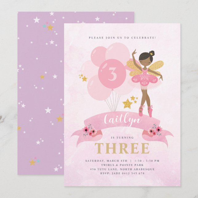 Invitación Dulce Pink & Gold Ballerina Fairy Birtday Invitat (Anverso / Reverso)