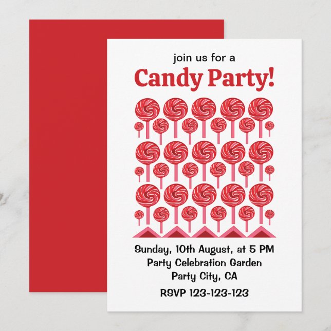 Invitación Dulce Piruleta Dulce Caramelo Piruleta Fiesta (Anverso / Reverso)