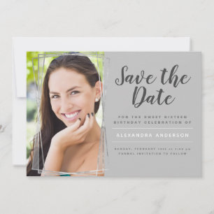 Invitación Dulce plateado 16 cumpleaños Guardar la fecha
