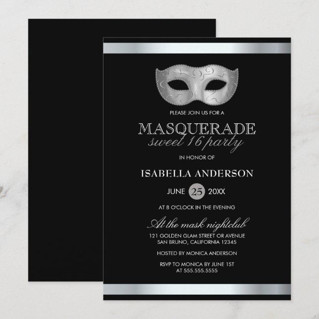 Invitación Dulce plateado y máscaras negras 16 Fiestas (Anverso / Reverso)