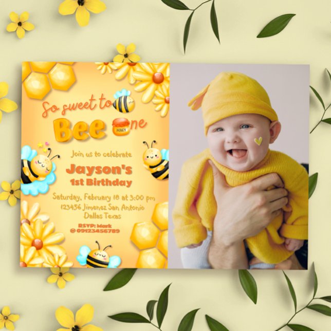 Invitación Dulce por ser uno - primer cumpleaños con foto (So Sweet to Bee One - 1st Birthday with Photo Landscape Invitation)