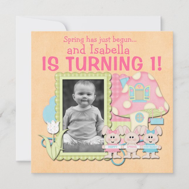 Invitación Dulce Primavera Bunnies Primer Cumpleaños (Anverso)