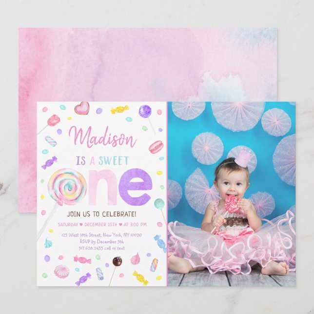 Invitación Dulce primer cumpleaños de la golosina (Anverso / Reverso)