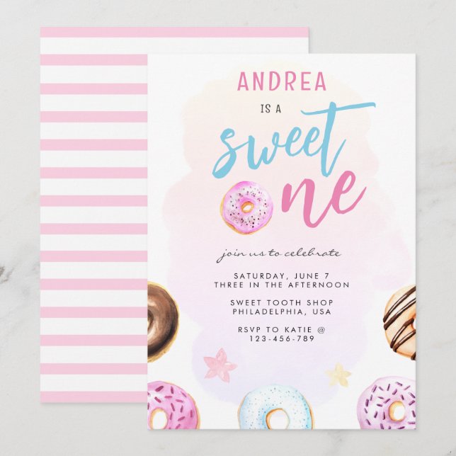 Invitación Dulce primer cumpleaños de un Chica rosa y azul (Anverso / Reverso)