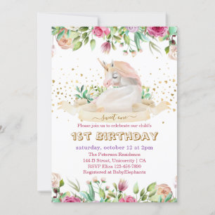 Invitación Dulce primer cumpleaños de una chica unicornio mág