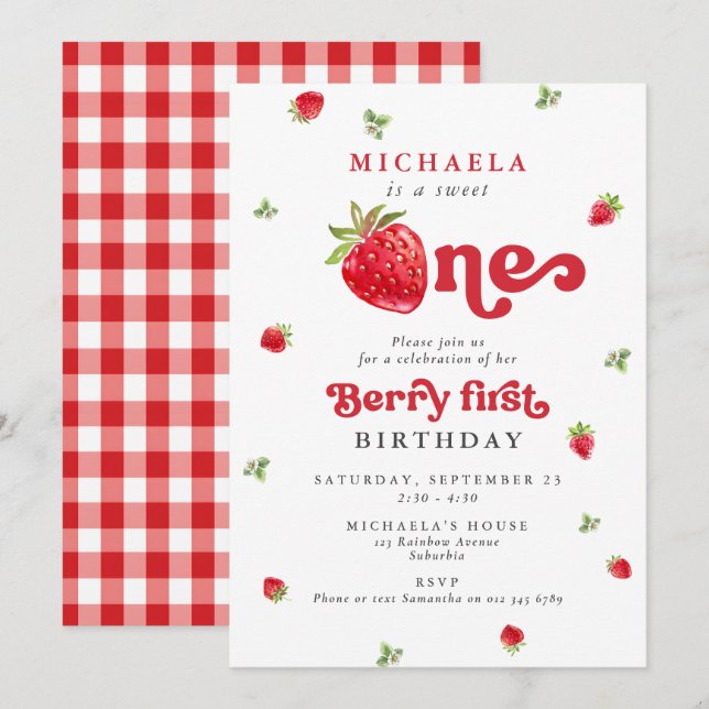 Invitación Dulce Primera Cumpleaños de Fresa a Cuadros Uno Ba (Anverso / Reverso)