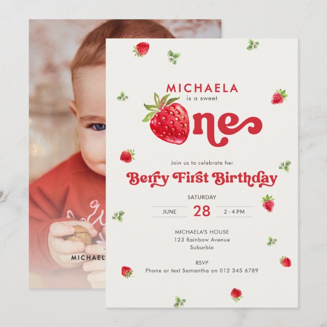 Invitación Dulce Primera Cumpleaños de Fresa Foto de la Prime (Anverso / Reverso)