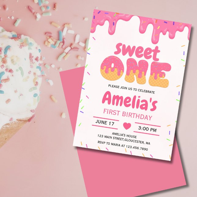 Invitación Dulce Primera Cumpleaños de Niña, 1er helado (Sweet One ice cream birthday invitation with pink drips and sprinkles.)