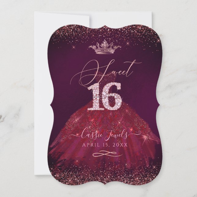 Invitación Dulce princesa de oro Rosa de Borgoña (Anverso)