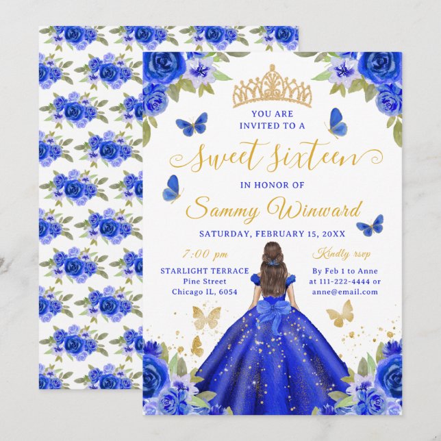 Invitación Dulce Princesa Diadema Floral Azul de Dieciséis Do (Anverso / Reverso)
