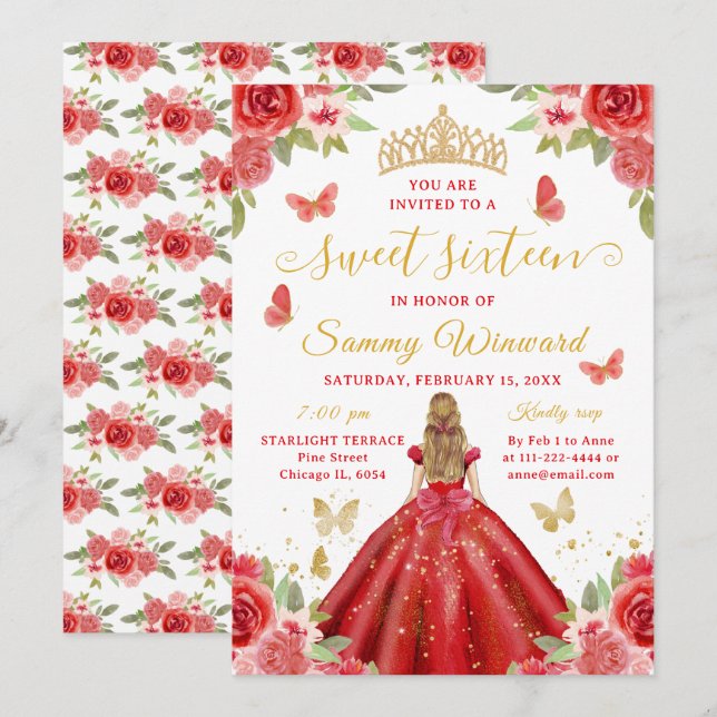 Invitación Dulce Princesa Diadema Roja Floral Dorada Dieciséi (Anverso / Reverso)