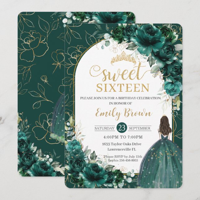 Invitación Dulce princesa floral verde esmeralda de cumpleaño (Anverso / Reverso)