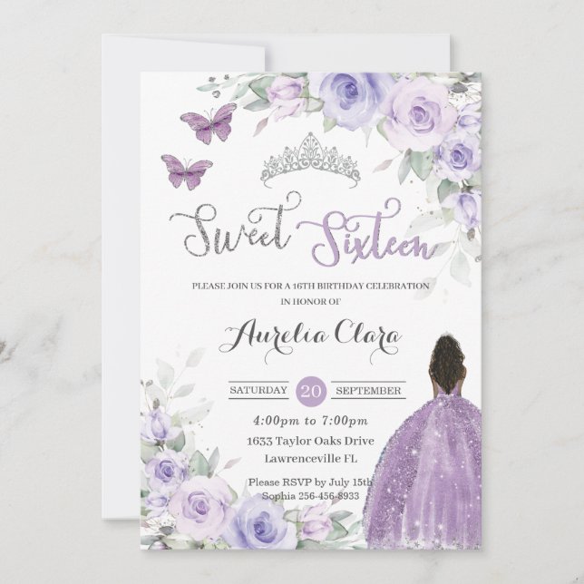 Invitación Dulce princesa morada floral morada de cumpleaños  (Anverso)