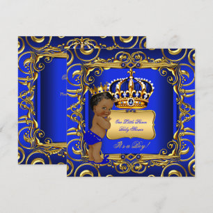 Invitación Dulce Príncipe Baby Shower Azul Afroamericano